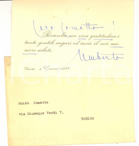 Autografo originale 1958 CASCAIS Auguri re UMBERTO II in esilio Biglietto autografo 1