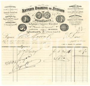 1893 GENOVA - Antonio DAGNINO fu Stefano - Negozio conserve alimentari *Fattura Fattura commerciale d'epoca, manoscritta, su carta intestata.Genova - piazza della Commenda n.67CONDIZIONI: F (piegature d'epoca)PAGINE: 1    originale e autentica 1