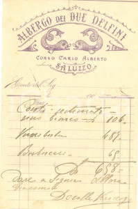Documento originale, autentico 1900 ca SALUZZO CN Albergo DEI DUE DELFINI Fattura commerciale 1