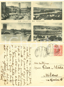 Autografo originale 1922 VERONA Vedutine con Ponte Scaligero Cartolina Carlo MEDA  FP VG 1