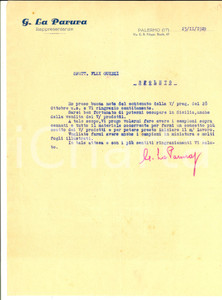 Manoscritto, lettera originale 1929 PALERMO Rappresentanze G. LA PARURA Lettera su campionario per SICILIA 1