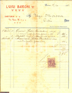 Documento originale, autentico 1902 GENOVA Fattura Sartoria Luigi Baroni U. Massa 1