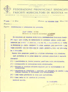 Documento originale, autentico 1929 MODENA Sindacati Fascisti Agricoltori  Riunione per coltivazione pomodoro 1