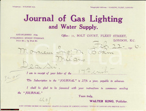 Documento originale, autentico 1916 LONDON Journal of Gas Lighting abbonamento BOHM 1