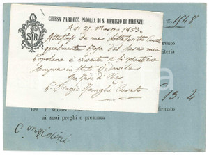 Documento originale, autentico 1853 FIRENZE Chiesa S. REMIGIO  Don Orazio FANGHI  Attestazione vita 1
