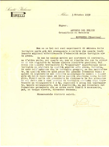 1930 MILANO Società Italiana PIRELLI - Lettera Eugenio Lombardi su tortiglie