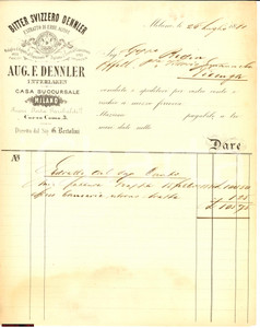 Documento originale, autentico 1881 MILANO Bitter svizzero DENNLER INTERLAKEN 1
