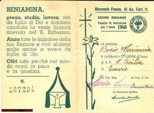 Oggetto da collezione cartaceo 1940 ACI ENVIE (CN) Tessera Mariuccia BOSIO beniamina 1