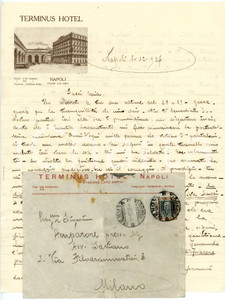 1927 NAPOLI - HOTEL TERMINUS - Lettera carta intestata Lettera di contenuto personale, d'epoca, manoscritta, su carta intestata illustrata. Busta intestata e viaggiata. CONDIZIONI: F (piegature d'epoca, busta con presenza di macchie)PAGINE: 1 (2 facciate scritte)    originale e autentica 1