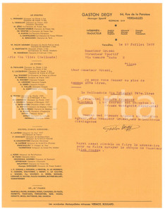 Autografo originale 1938 CICLISMO VERSAILLES Gaston DEGY su ingaggio Victor COSSON AUTOGRAFO 1