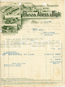 1928 MILANO - Aless. PANZA & Figli  - Negozianti produttori di vini *Fattura Fattura commerciale d'epoca, dattiloscritta, su carta intestata illustrata.Milano - via Pietrasanta, 12Presente marca da bollo al verso. CONDIZIONI: VP (piegature d'epoca, fori da classificatore al lato superiore e sinistro, piccolo strappo centrale)PAGINE: 1 (2 facciate scritte)    originale e autentica 1