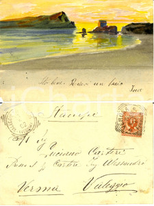 Cartolina originale da collezione 1902 VALEGGIO SUL MINCIO VR Spiaggia al tramonto Cartolina ACQUERELLATA A MANO 1