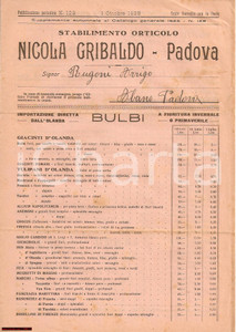 Materiale pubblicitario d’epoca 1925 PADOVA Stabilimento orticolo GRIBALDO NICOLA  Listino prezzi 1