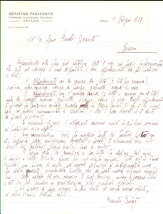 Manoscritto, lettera originale 1929 ASIAGO VI Formaggi Serafino PESAVENTO Lettera per locazione a forestieri 1