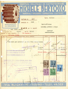 1943 TORINO Forniture industriali Michele BERTOCCO Fattura maschere da saldatura Fattura commerciale d'epoca, dattiloscritta , su carta intestata.Presente marca da bollo.CONDIZIONI: FAIR (piegature d'epoca, fori da classificatore al margine sinistro)PAGINE: 1    originale e autentica 1