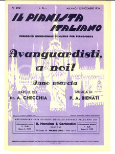 Oggetto da collezione cartaceo 1934 A. CHIECCHIA P. A. BIENATI Avanguardisti, a noi!  Inno marcia Spartito 1