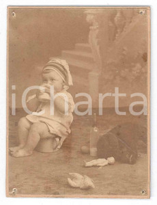 1905 ca ITALIA (?) Bambino sul vasino con orsetto di peluche Fotografia anonima Fotografia d'epoca. POOR/danneggiato Forellini da affissione, strappo all'angolo inferiore sinistro, residui di incollatura al verso Formato: 6x8 originale e autentica 1