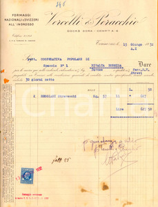 Documento originale, autentico 1932 TORINO Ditta VERCELLI & PERACCHIO  Formaggi all ingrosso DANNEGGIATA 1