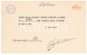 Autografo originale 1940 CICLISMO Milano Vigorelli  Ricevuta Augusto INTROZZI per corsa AUTOGRAFO 1