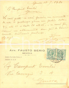 Autografo originale 1920 GENOVA Avv. Fausto BERIO chiede appuntamento a Emilio CAMPINTI *Autografo 1