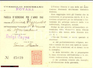 Oggetto da collezione cartaceo 1941 MONTESCHENO AZIONE CATTOLICA UNIONE UOMINI 1