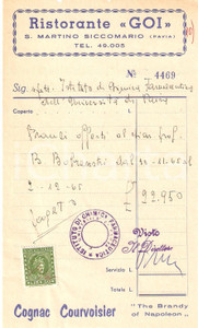 Materiale pubblicitario d’epoca 1965 SAN MARTINO SICCOMARIO PV Ristorante GOI Cognac COURVOISIER Ricevuta 1