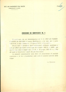 Documento originale, autentico 1940 AOSTA WW2 Gerarchia Soc. An. Magnesio Italiano SULCIS per mobilitazione 1