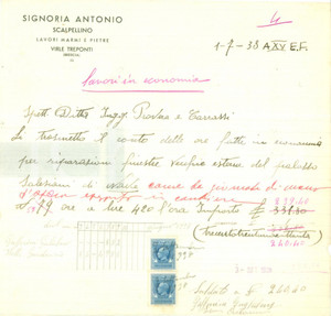 Documento originale, autentico 1938 VIRLE TREPONTI BS Antonio SIGNORIA Scalpellino marmi pietre Fattura 1
