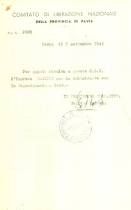 Documento originale, autentico 1945 PAVIA CLN Impresa QUAGLINO non ha mai collaborato con Organisation TODT 1