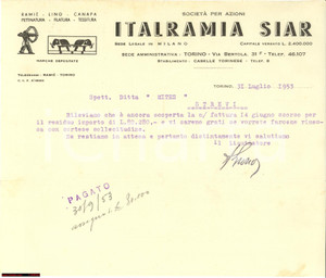 Manoscritto, lettera originale 1953 MILANO Lettera ITALRAMIA SIAR ramié filatura 1