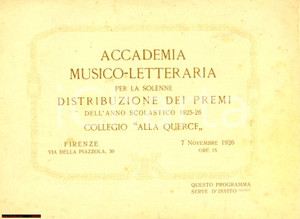 Oggetto da collezione cartaceo 1926 FIRENZE COLLEGIO ALLA QUERCE invito premiazione anno scolastico 1