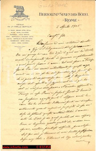 Manoscritto, lettera originale 1905 ROMA Bertolini s Splendid Hotel  Lettera GUIDO RAVA  SFORNI Leggasi descriz 1