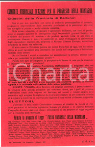Materiale pubblicitario d’epoca 1959 BELLUNO Proposta legge pro FONDO NAZIONALE DELLA MONTAGNA Propaganda 1