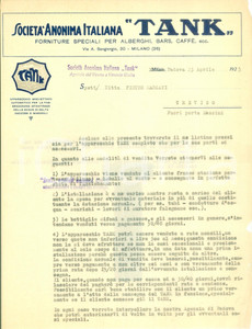 Documento originale, autentico 1925 MILANO Via Abbondio Sangiorgio 20 S.A. Italiana TANK Forniture alberghi bar 1