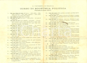 Documento originale, autentico 1886 BOLOGNA Programma esami Corso ECONOMIA POLITICA Documento 1