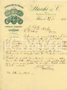 1906 MILANO Turaccioli STUCCHI & C. Lavorazione sughero - Lettera commerciale Lettera commerciale d'epoca, su carta intestata, manoscritta, illustrata. CONDIZIONI: POOR (piegature d'epoca, strappi ai margini)PAGINE: 1    originale e autentica 1