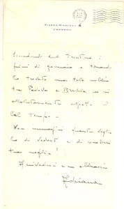 Autografo originale 1982 CREMONA Adriana MOLA FARINACCI promette visita a un amico Autografo 1