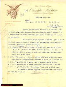 Documento originale, autentico 1926 CORATO (BA) Casa vinicola CATALDO FABIANO ordina ricambi per pigiatrice 1