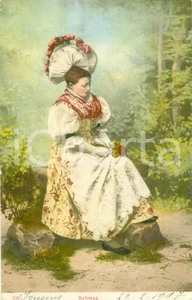Cartolina originale da collezione 1907 SVITTO / SCHWYZ SWITZERLAND Contadina in costume tipico Cartolina FP VG 1