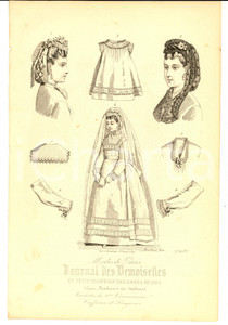 Stampa, bozzetto originale 1850 ca PARIS Journal des Demoiselles  Abiti per la Prima Comunione Stampa 1
