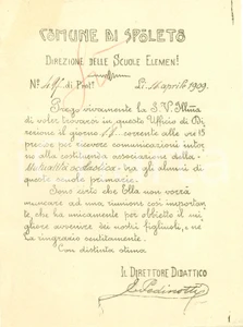 Documento originale, autentico 1909 SPOLETO PG Costituzione Mutualità Scolastica Scuole Primarie Ciclostile 1