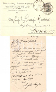 Documento originale, autentico 1927 LODI Studio ing. Pietro FERRARI Geom. Luigi DE LUIGI FP VG 1