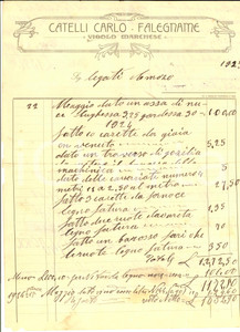 Documento originale, autentico 1923 VIGOLO MARCHESE PC Carlo CATELLI Falegname Fattura intestata 1