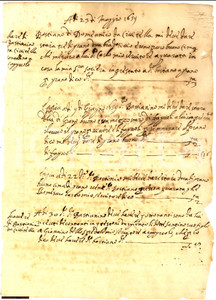 Manoscritto, lettera originale 1659 CIVITELLA (AR) Contadino debitore grano e fagioli 1
