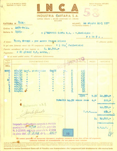 Documento originale, autentico 1943 MILANO Industria Cartaria INCA S.A. Fattura commerciale DANNEGGIATA 1