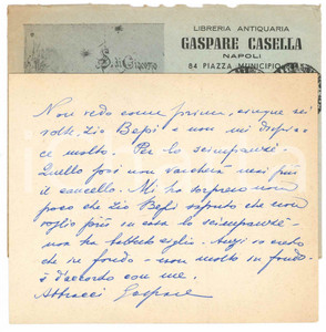 Autografo originale 1957 NAPOLI Libraio Gaspare CASELLA Cartolina a un amico  Autografo 1
