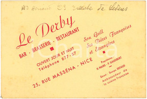 Oggetto da collezione cartaceo 1940 circa NICE F Bar Brasserie Restaurant LE DERBY 1