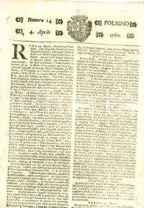 Giornale, rivista storica 1760 GIORNALE DI FOLIGNO n. 14 Cappella Papale per Domenica di Passione RIFILATO 1