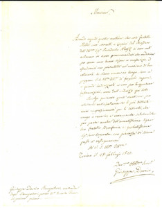 Manoscritto, lettera originale 1822 TORINO Stampatore Giuseppe DAVICO offre vigna ai fratelli MILLET Lettera 1