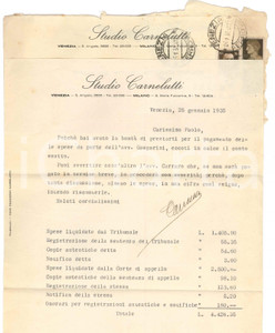 Autografo originale 1935 VENEZIA S. Angelo  Lettera Francesco CARNELUTTI per conteggi  Autografo 1